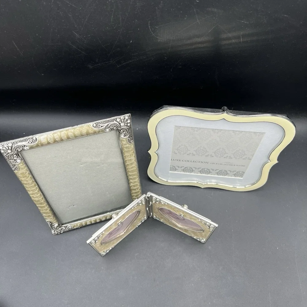 Set Of 3 Enamel Metal & Crystal Picture Frames Neutral Color Cream Beige Silver